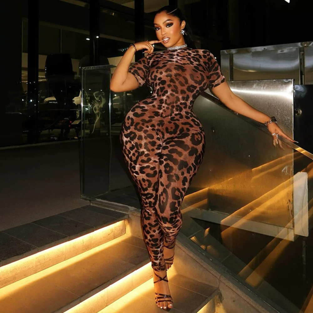 ZARA Leopard Print Skinny Short Sleeve Jumpsuit Street Style